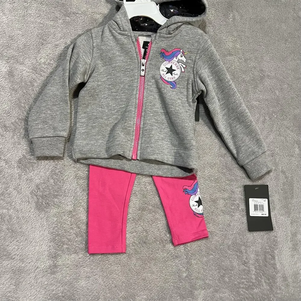 Converse 2 Piece Hoodie Leggings Set Toddler Girls 18M Pink Unicorn All Star